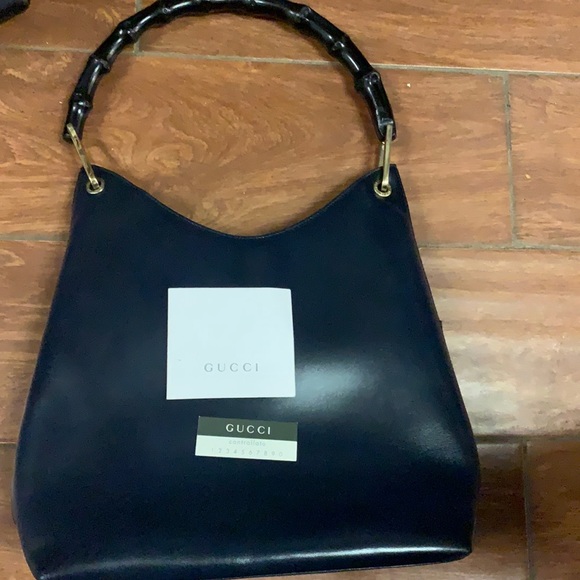 vintage GUCCI blue calfskin leather Bamboo handle shoulder hobo tote bag - Picture 1 of 7
